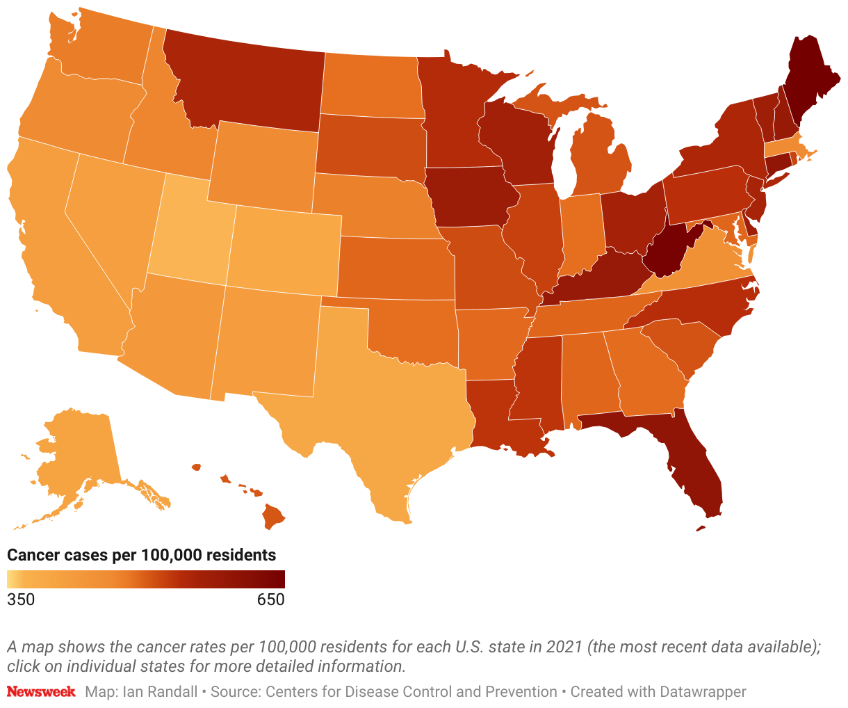 A map shows the cancer rates per 100,000 residents for each U.S. state in 2021 (the most recent data available); click on individual states for more detailed information.