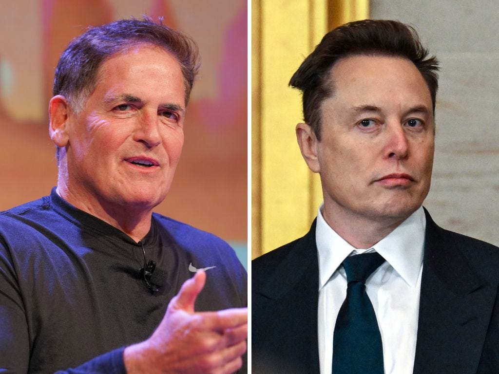 A composite image of Mark Cuban speaking and Elon Musk with a straight face.