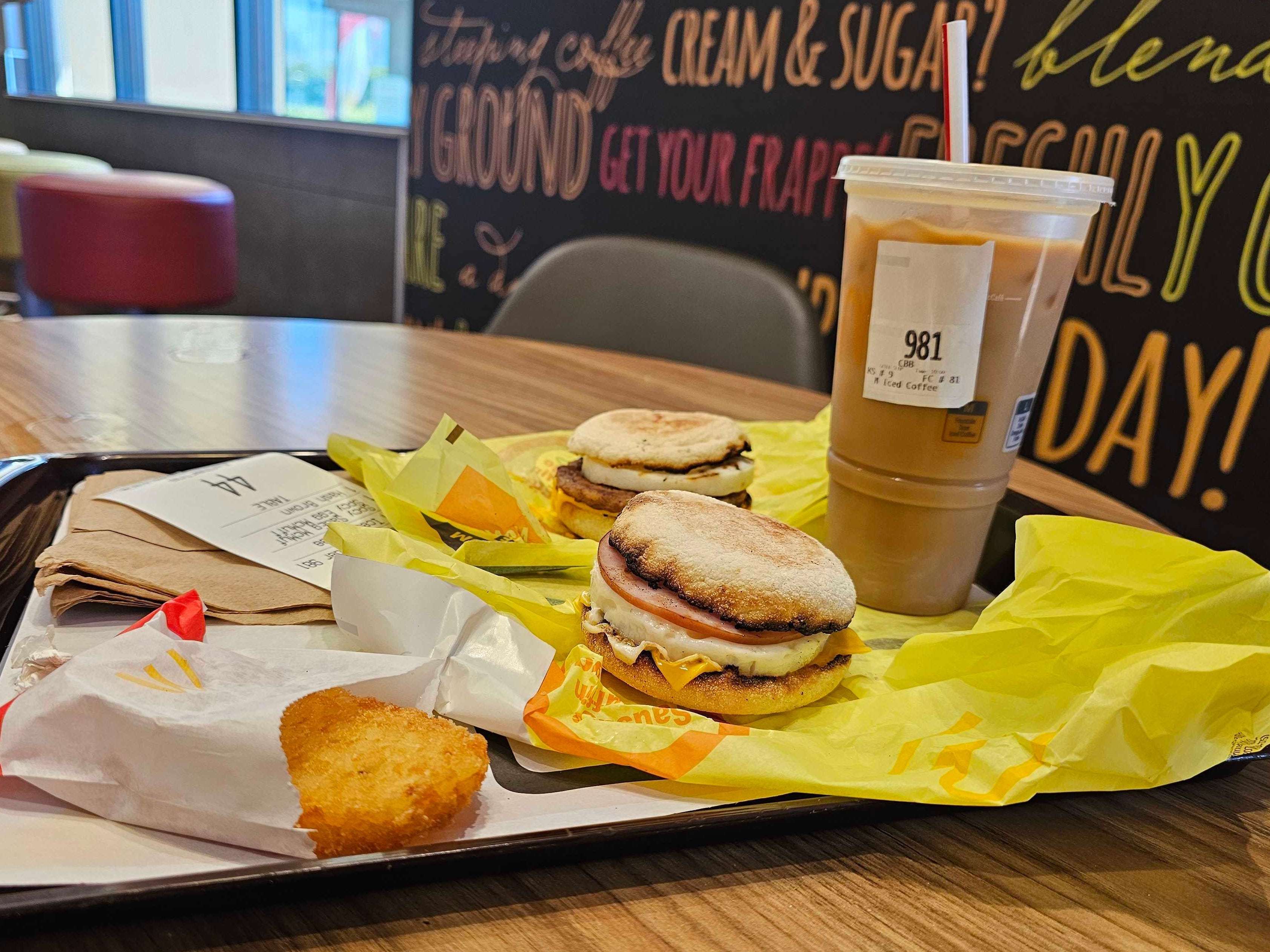 A platter of McDonald's breakfast foods inside one of the restaurant's dining rooms.