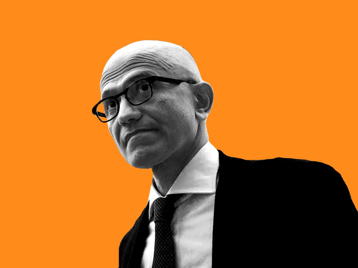 Microsoft CEO Satya Nadella wearing a suit and tie against an orange background.