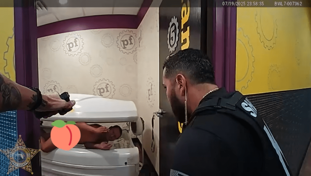 Henrry Antunez-Avarado surrenders to police after being found naked inside a Planet Fitness tanning bed on July 19, 2025 in Venice, Florida.