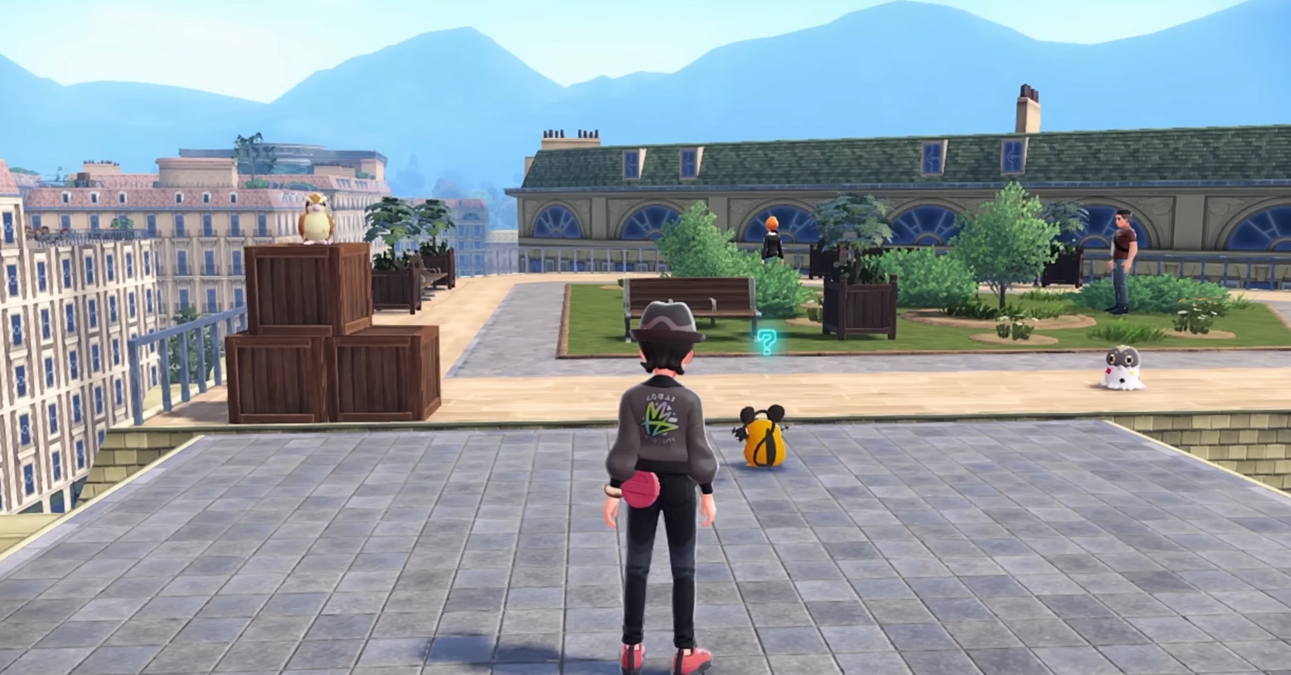 A Pokemon trainer in Legends Z-A approaching two Pokemon on a roof, both of whom are just standing there