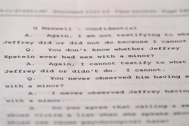 Portions of a transcript from the deposition that British socialite Ghislaine Maxwell gave in 2016 relating to her dealings with the late Jeffrey Epstein, addressing her alleged awareness of Epstein's sex crimes.