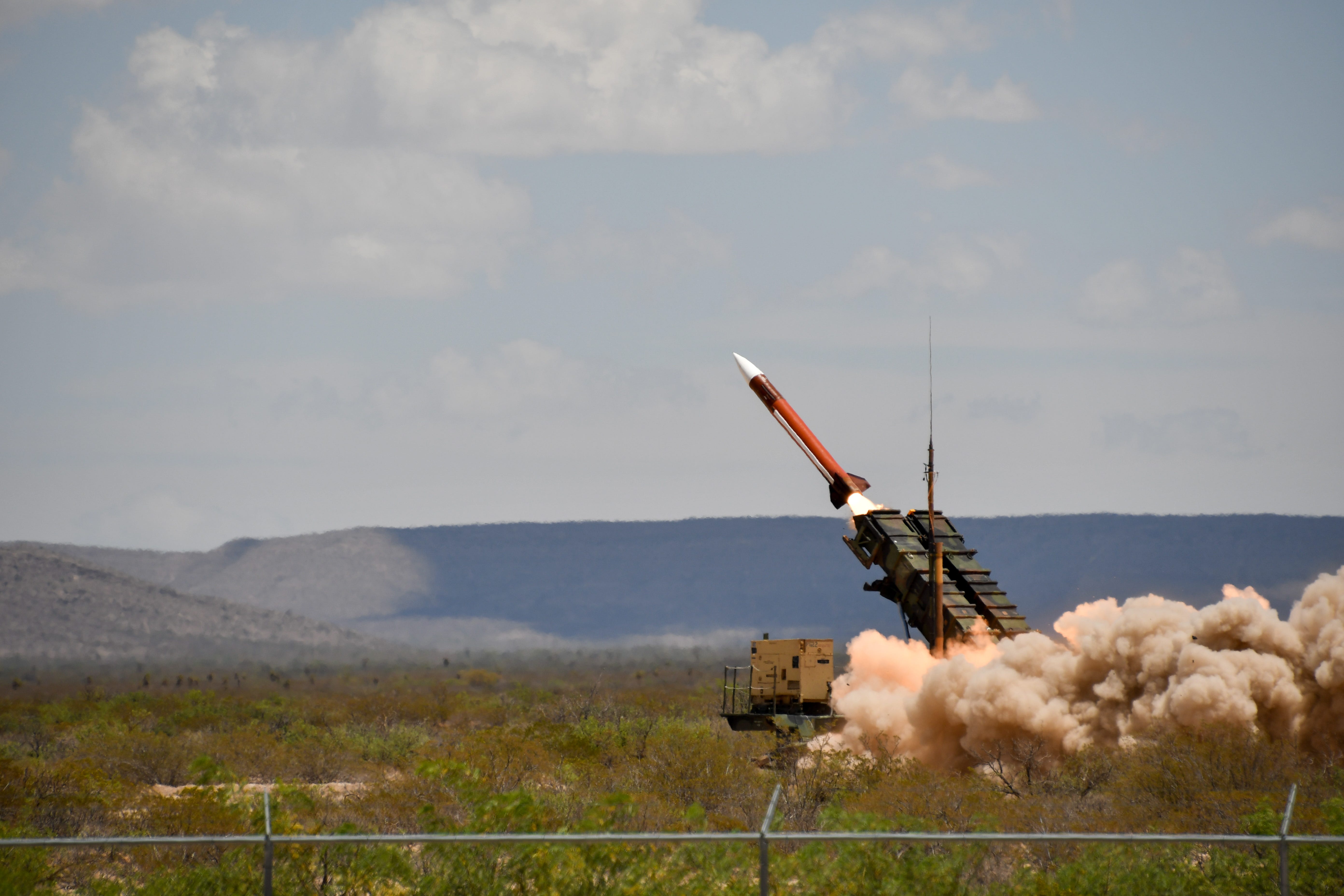 A MIM-104 Patriot Surface-to-Air Missile System assigned to the 11th Air Defense Artillery Brigade fires as part of a live-fire exercise with military members assigned to the Royal Netherlands Ground-based Air Defense Command at McGregor Range, N.M., May 11, 2024.