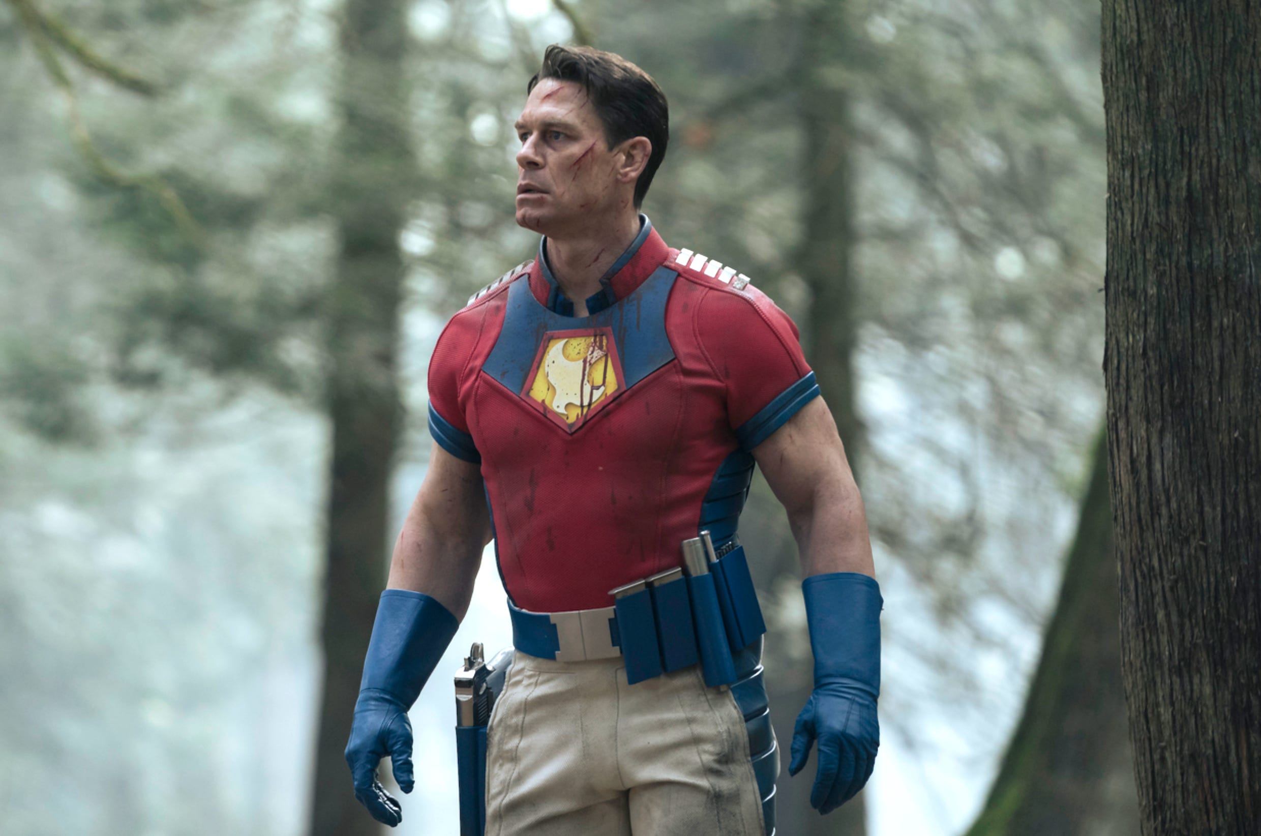 A man with neat brown hair stands in a forest. He has a large cut on his forehead and another on his cheek. He's wearing a superhero costume. His short-sleeved shirt is mainly red with blue detailing on the sleeves and collar. There is a blue plate on his chest with a yellow symbol in the middle depicting a white bird. He's also wearing large blue gloves and white trousers, also with blue details. There is a silver gun in a blue holster on his right leg, and extra ammo clips attached to a blue utility belt around his waist.