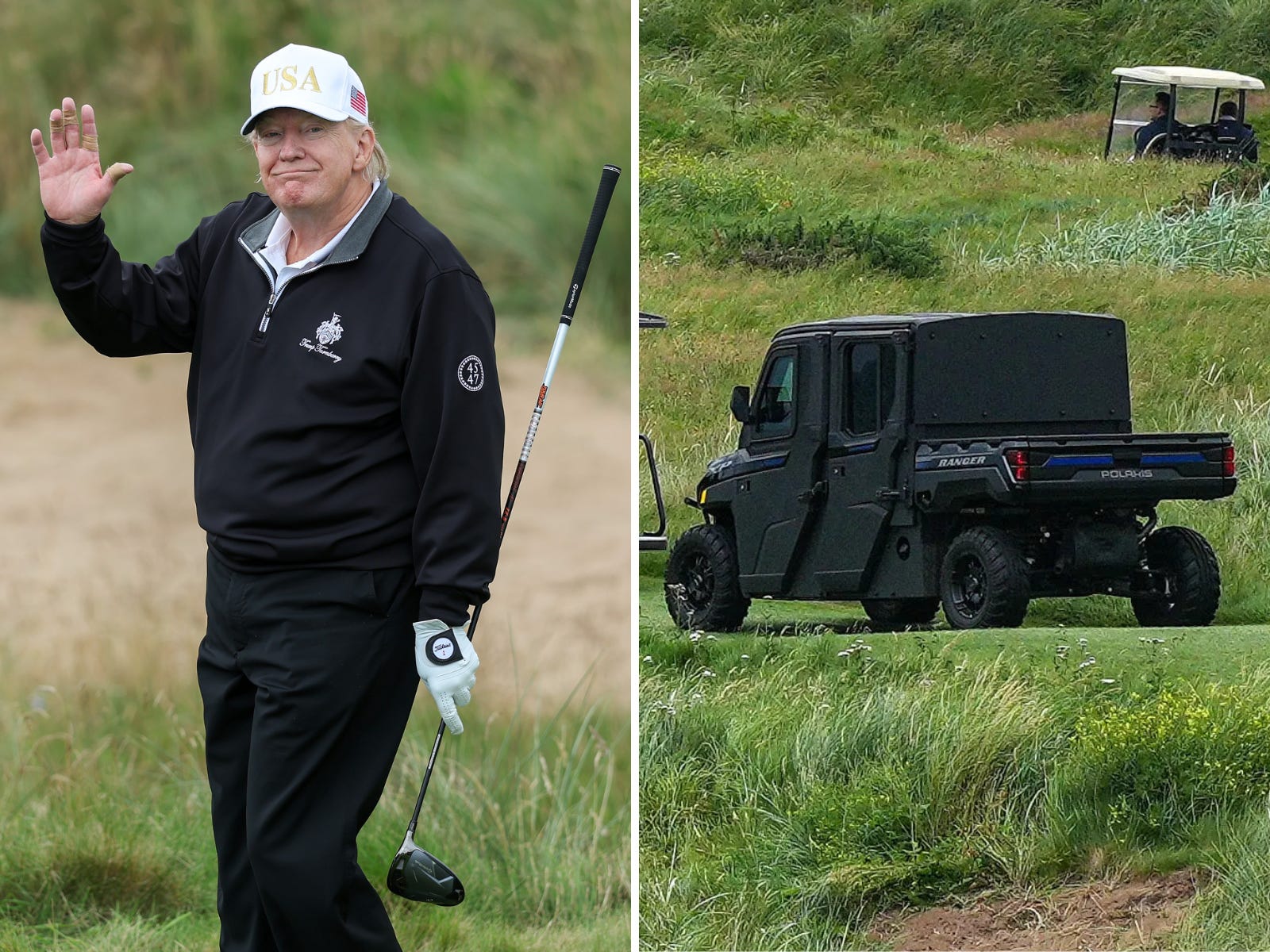 A split image showing President Donald Trump and a Secret Service golf cart.