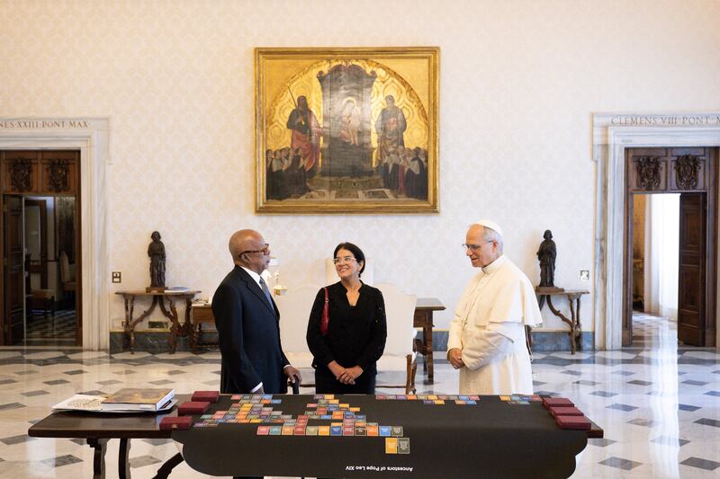 Pope Leo with his family tree at the Vatican.