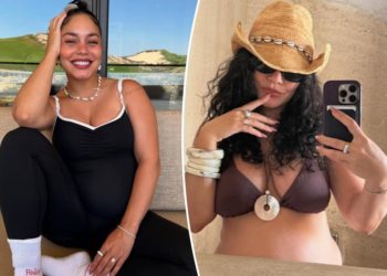 Pregnant Vanessa Hudgens bares her baby bump in a brown bikini on vacation