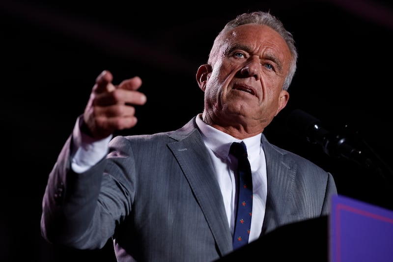 Robert F. Kennedy Jr. speaks during a campaign rally for Republican presidential nominee, former President Donald Trump at Macomb Community College on November 01, 2024 in Warren, Michigan.