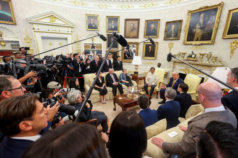 Trump and Philippine President Ferdinand Marcos Jr. in the Oval Office this month—Trump has transformed the space with gold ornamentation since returning to the White House.