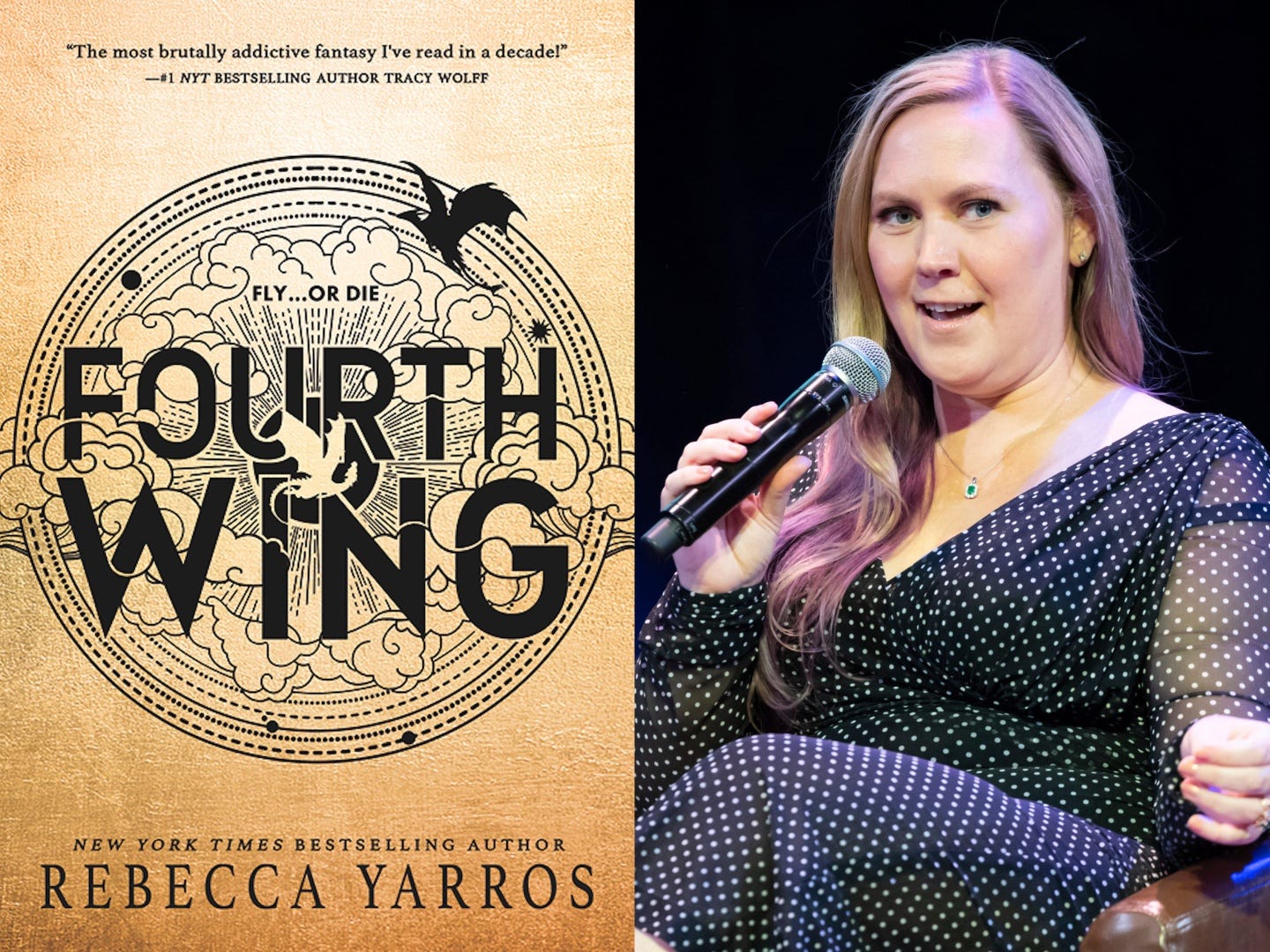 A side-by-side of "Fourth Wing" and Rebecca Yarros.