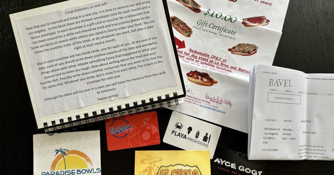 Restaurant gift cards make the perfect wedding present. Just ask this L.A. couple