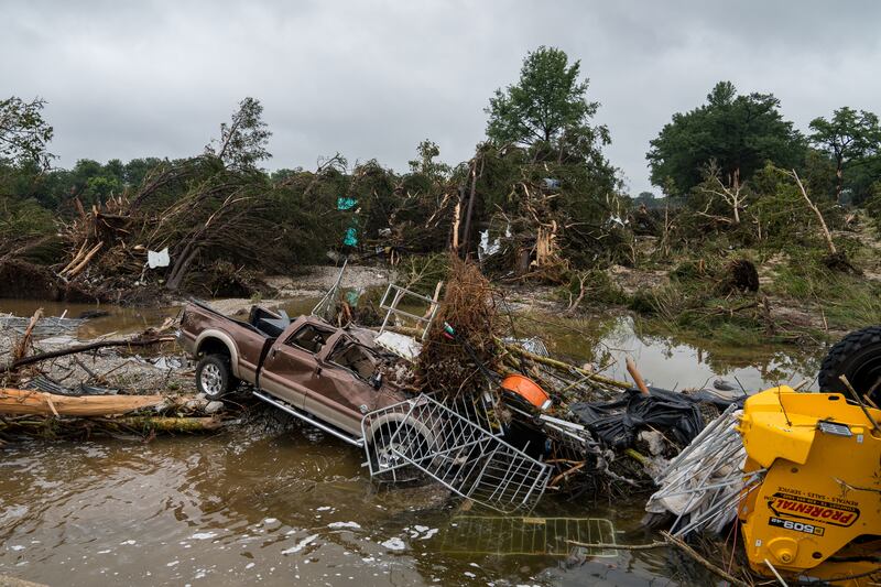 Flood waters left debris including vehicles and equipment scattered in Louise Hays Park on July 5, 2025 in Kerrville, Texas.