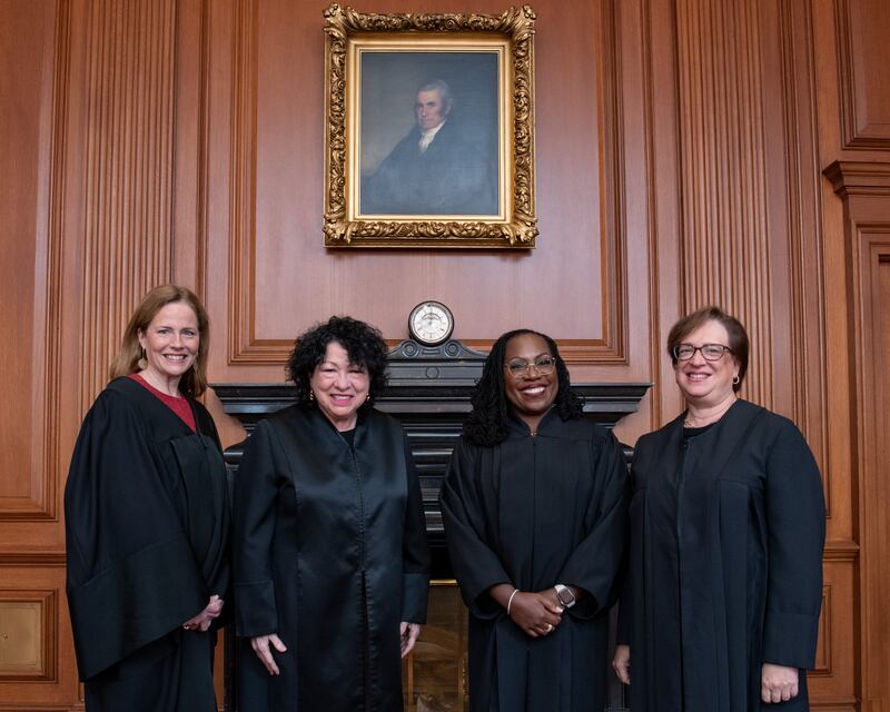 In this handout provided by the Collection of the Supreme Court of the United States, (L-R) Associate Justices Amy Coney Barrett, Sonia Sotomayor, Ketanji Brown Jackson, and Elena Kagan pose at a courtesy visit in the Justices Conference Room prior to the investiture ceremony of Associate Justice Ketanji Brown Jackson September 30, 2022 in Washington, DC. On June 30, 2022, Justice Jackson took the oaths of office to become the 104th Associate Justice of the Supreme Court of the United States.