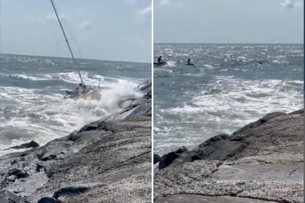 Sailboat carrying 10 sinks after crashing into New Jersey jetty during rough seas