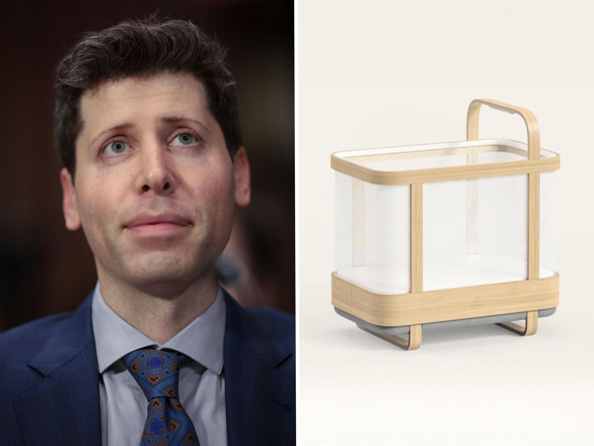 Side by side images of Sam Altman and Cradlewise smart crib.