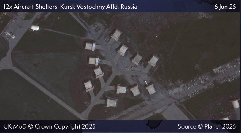 A satellite image capture on June 6 of Kursk Vostochny air base, published by the UK Ministry of Defense.