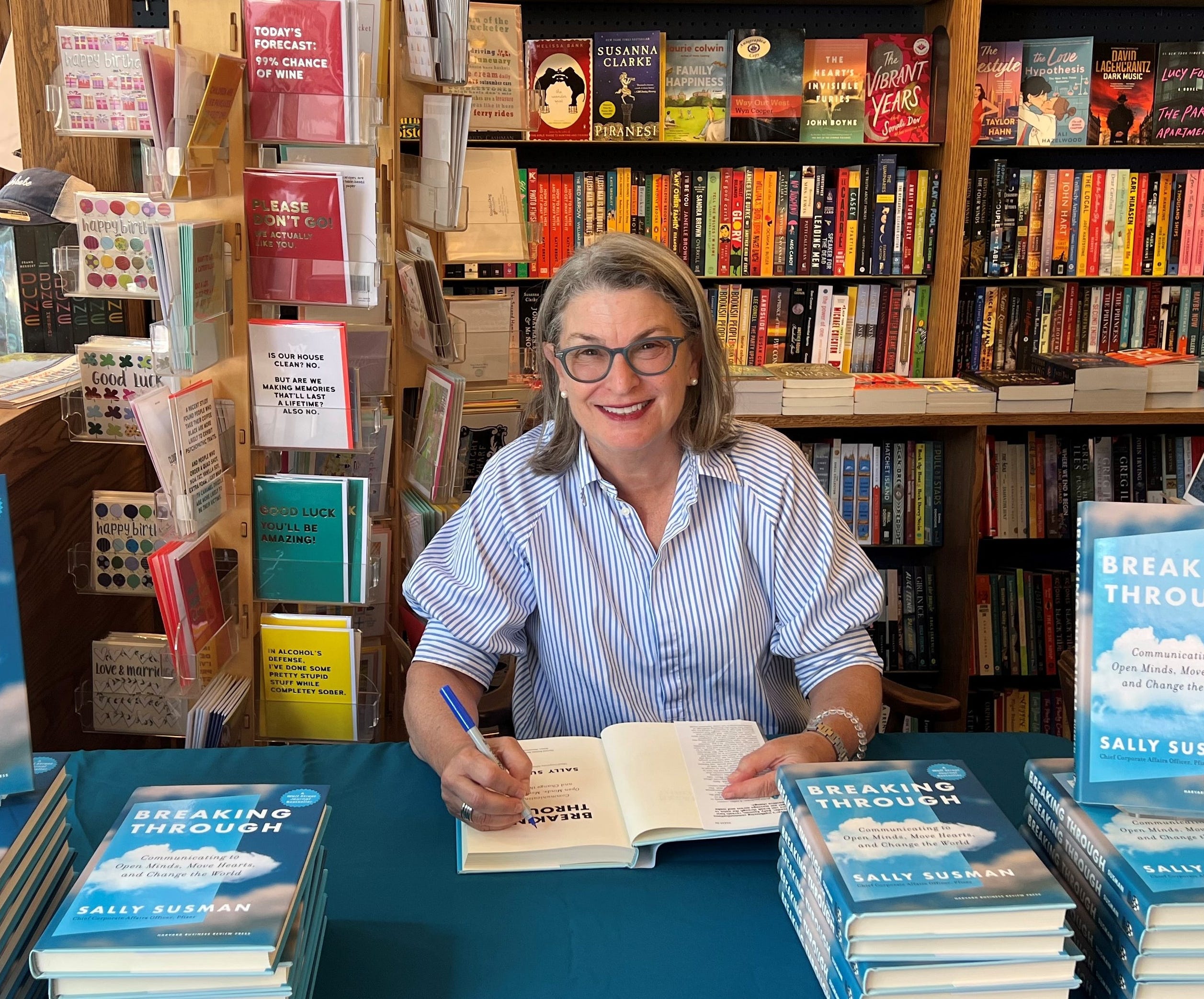 Sally Susman signs copies of her 2023 book Breaking Through: Communicating to Open Minds, Move Hearts, and Change the World."