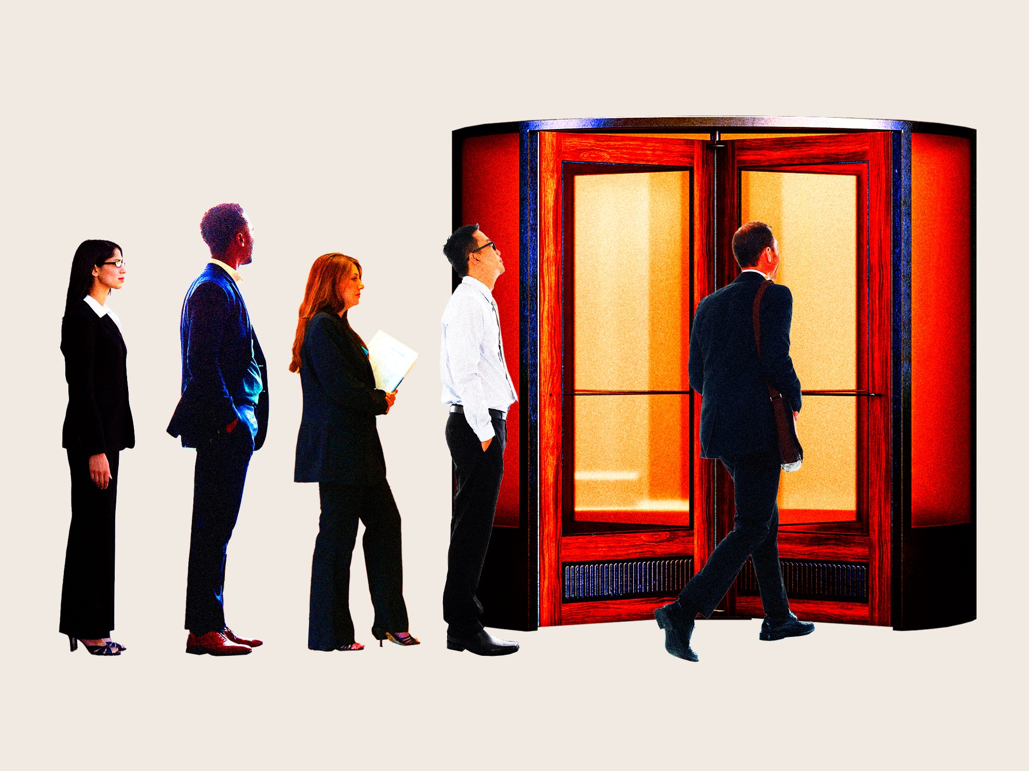 A line of business men and women in front of a revolving door