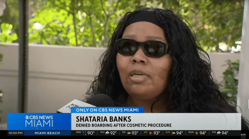 Shataria Banks interviewed on CBS News Miami after being denied boarding following a cosmetic procedure.