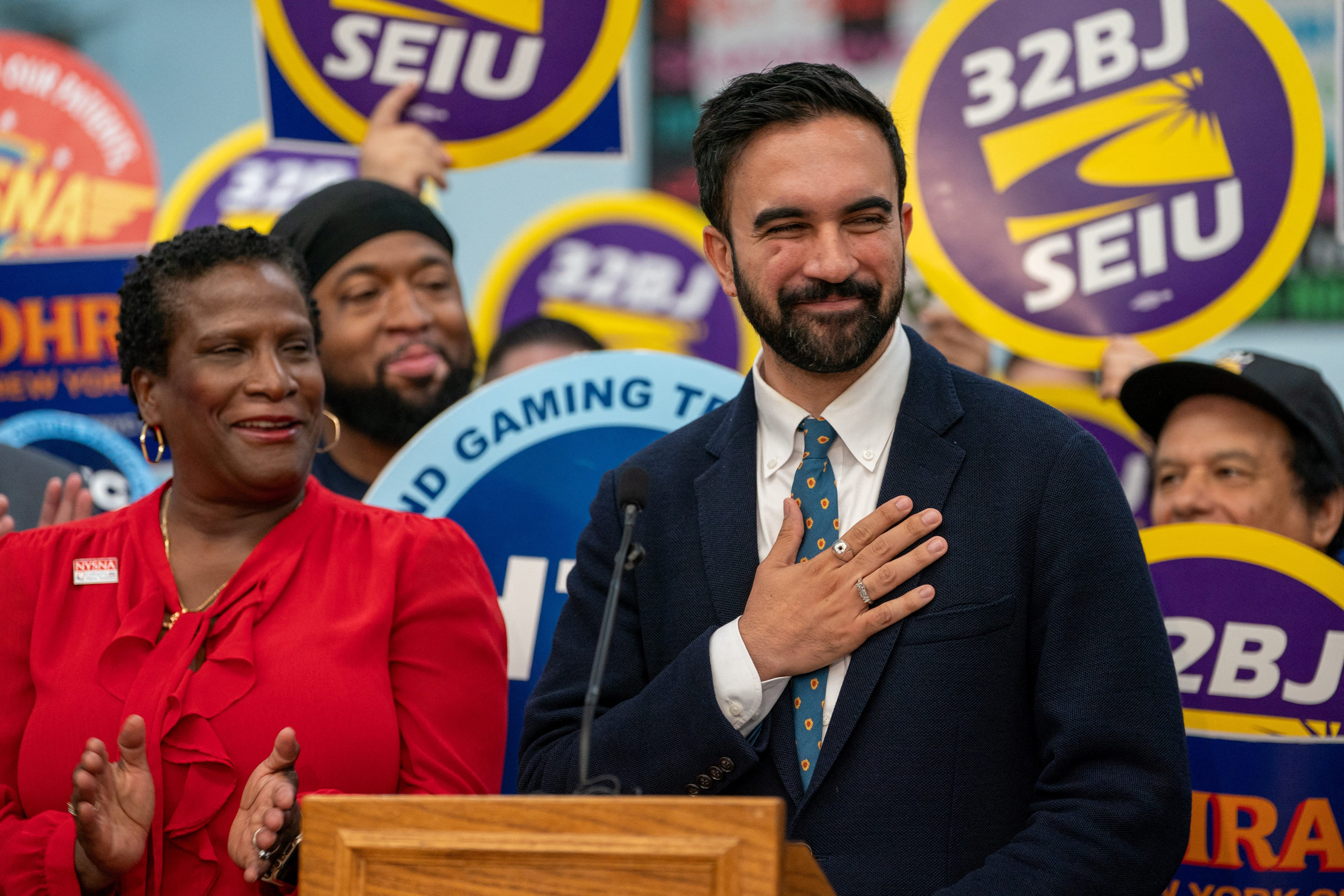 Zohran Mamdani attends a press conference with union leaders and supporters, in New York City