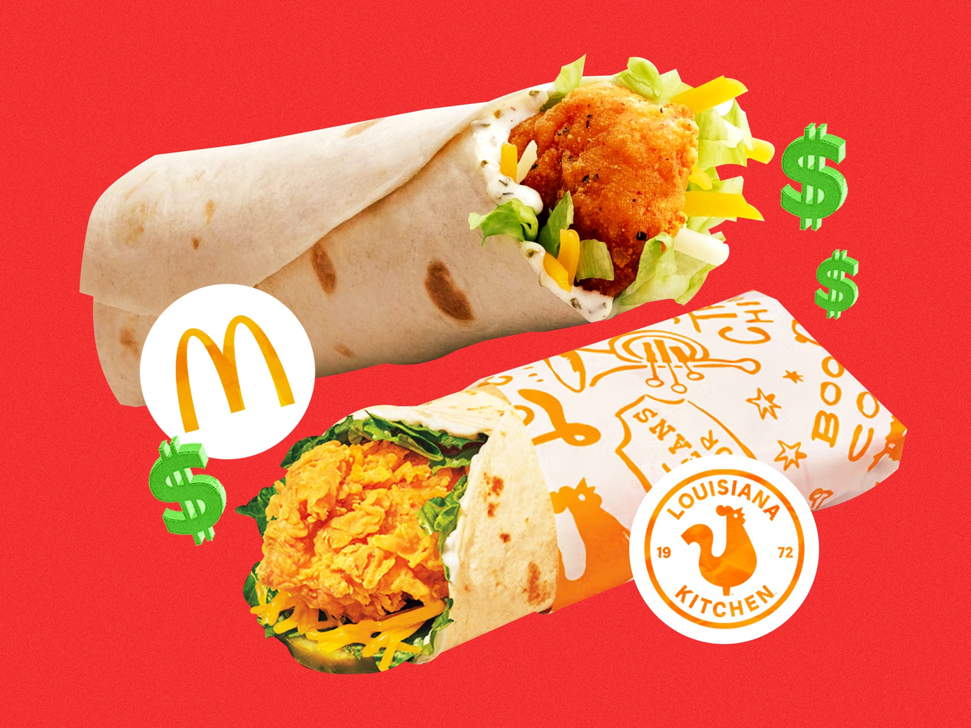 Photo collage featuring McDonald's Ranch Snack Wrap and Popeyes New Chicken Wrap, both company logos, and dollar signs.