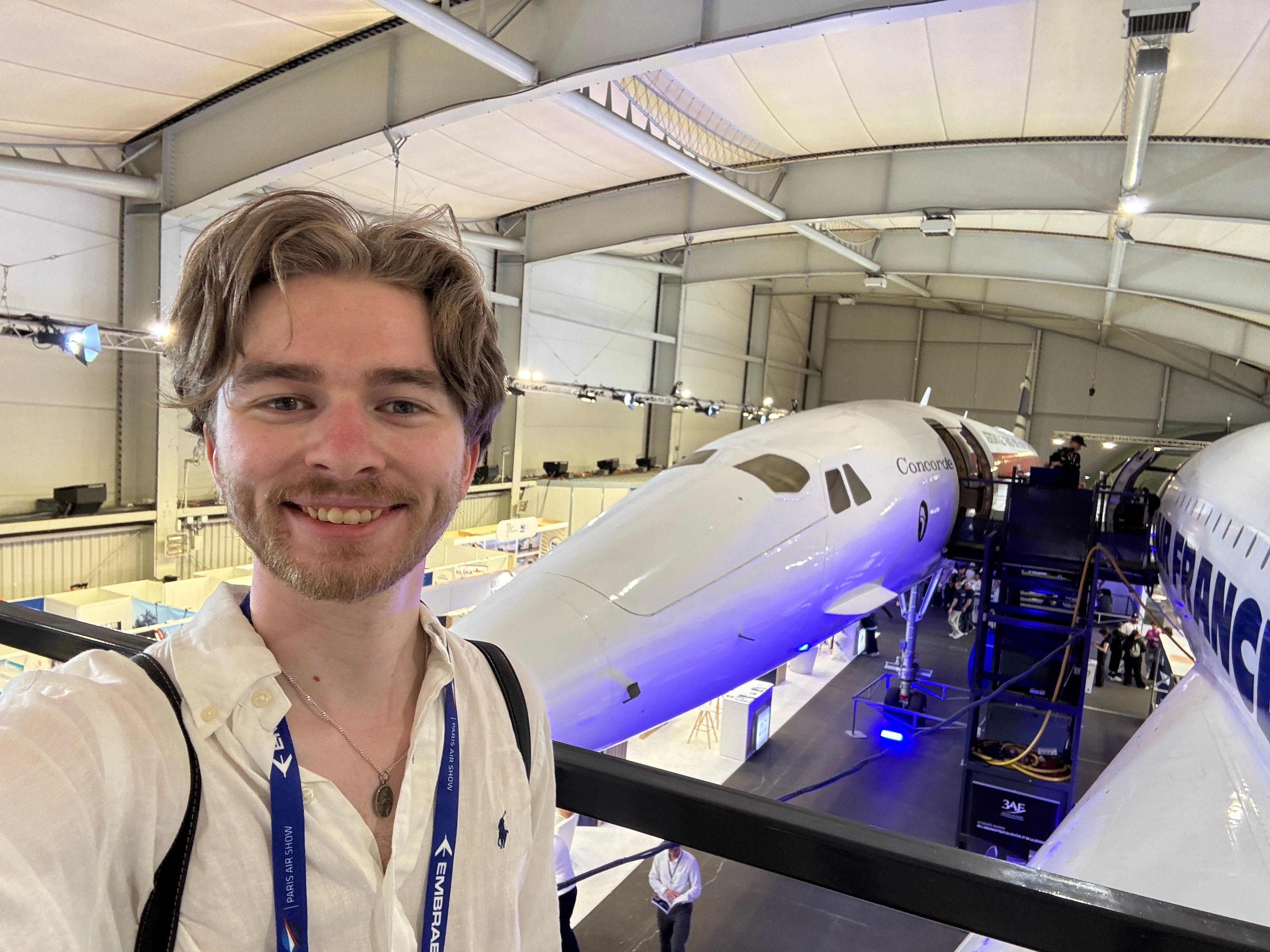 The author takes a selfie in front of the first Concorde, F-WTSS, at the 2025 Paris Air Show