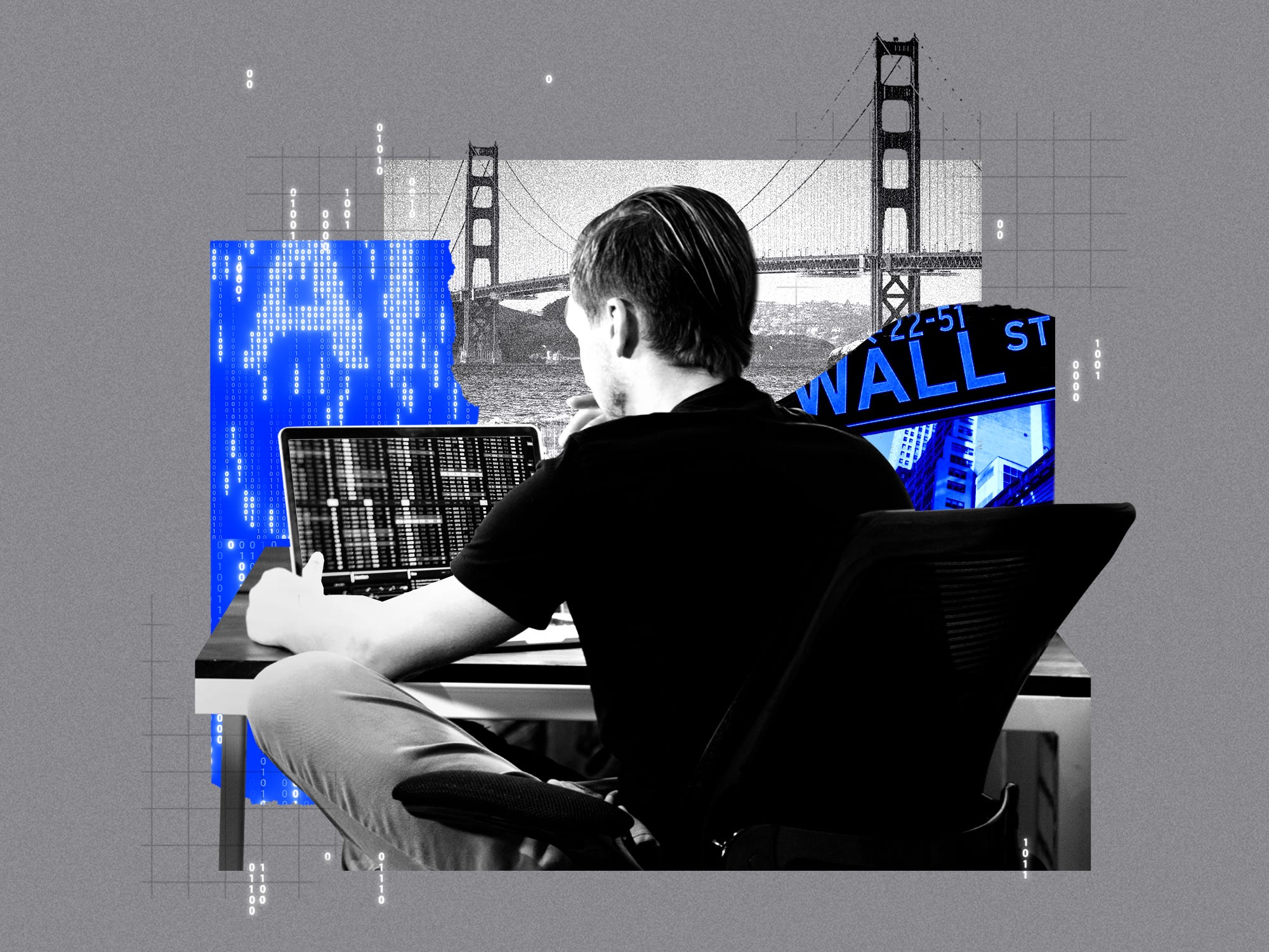 Photo collage of quantitative analysts looking at computer screen surrounded by AI Pattern, Wall Street Sign, and San Francisco Bridge.