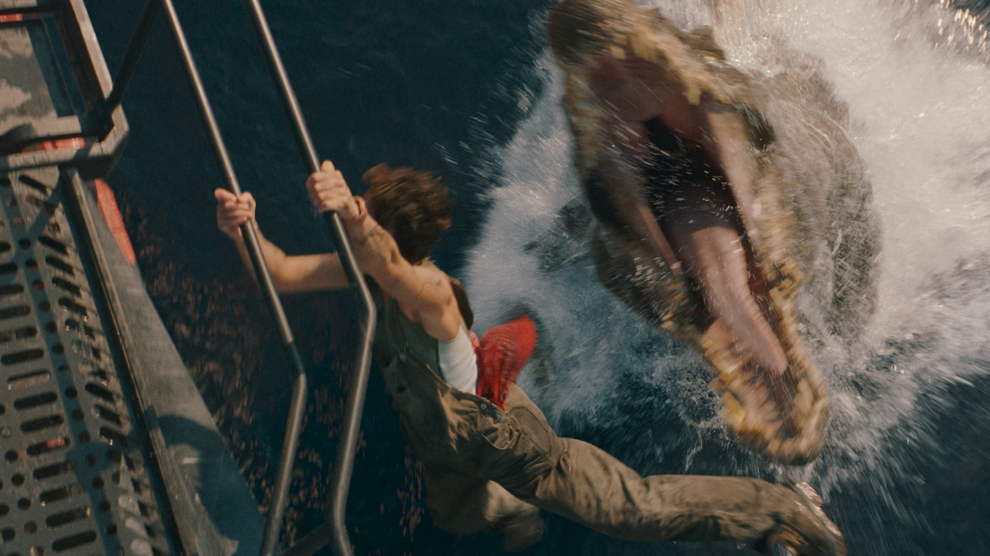 A dinosaur opens its mouth to catch a falling woman