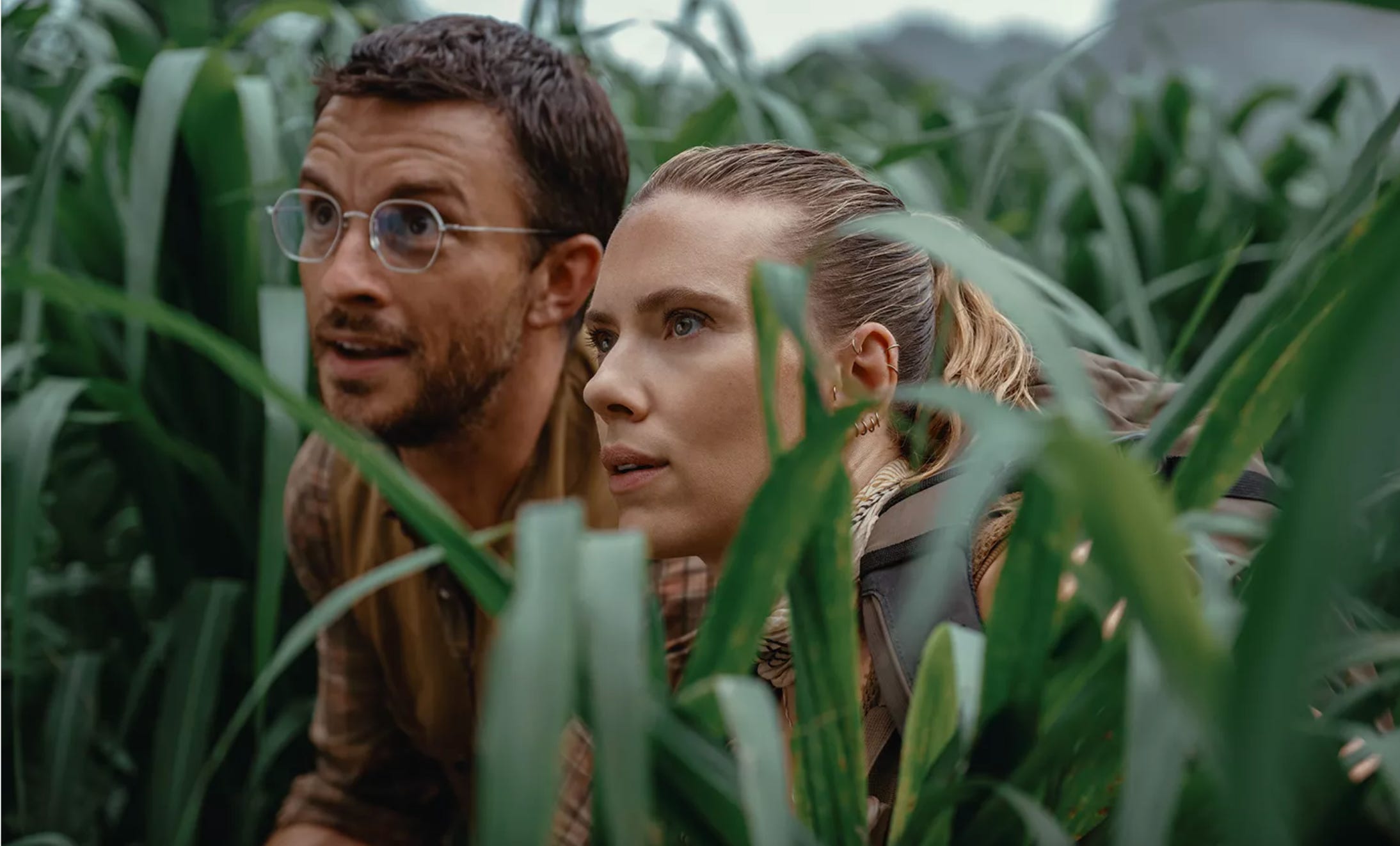 A man and a woman stood in a field filled with tall plants. On the left, the man with short dark hair and a short dark beard is wearing silver glasses. He is wearing a brown checked shirt and a tan vest. The woman has blond hair tied back into a ponytail. She has a scarf around her neck and a gray backpack strap over her shoulder. The rest of her outfit is obscured by the tall plants.