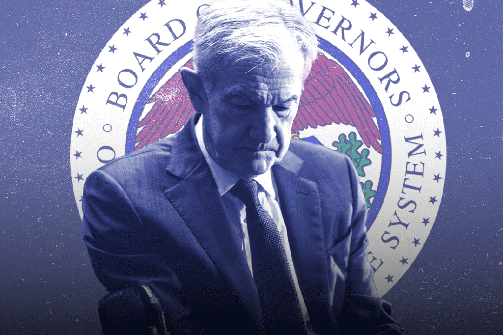 Illustration of Jerome Powell, Federal Reserve Chair, superimposed on the Federal Reserve seal.