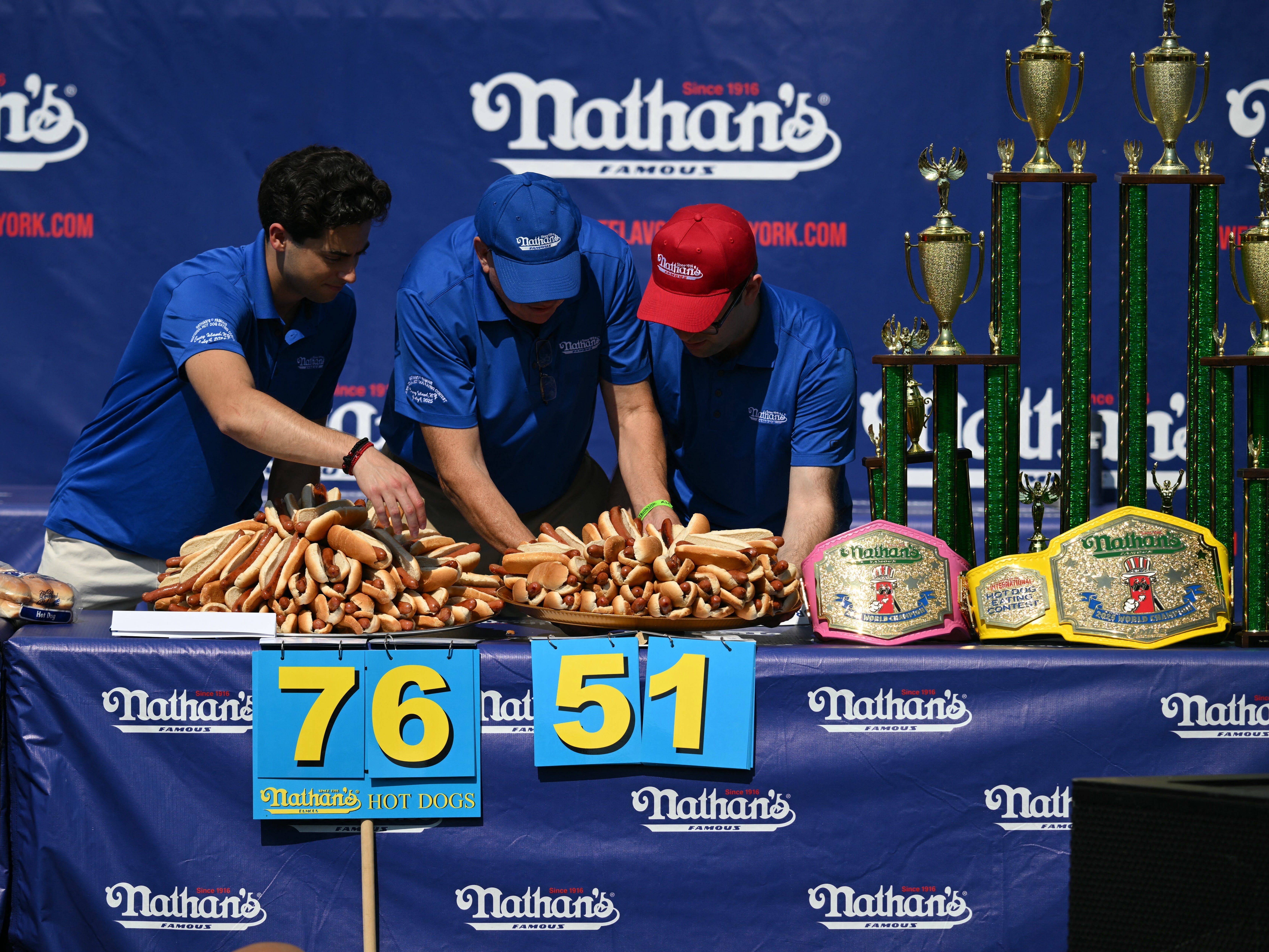 Judges counting hot dogs at the Nathan's Famous Hot Dog Eating Contest.