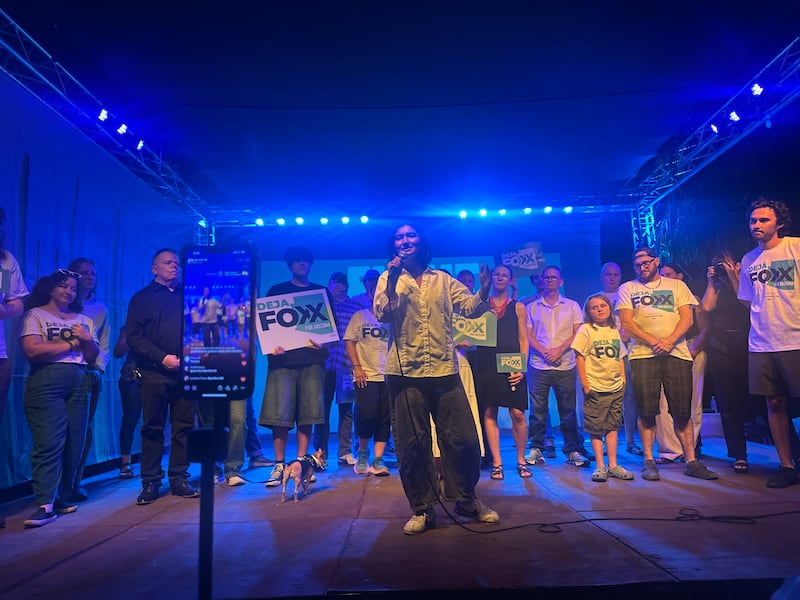25 year old candidate for Congress Deja Foxx speaking on stage at her rally in Tucson.