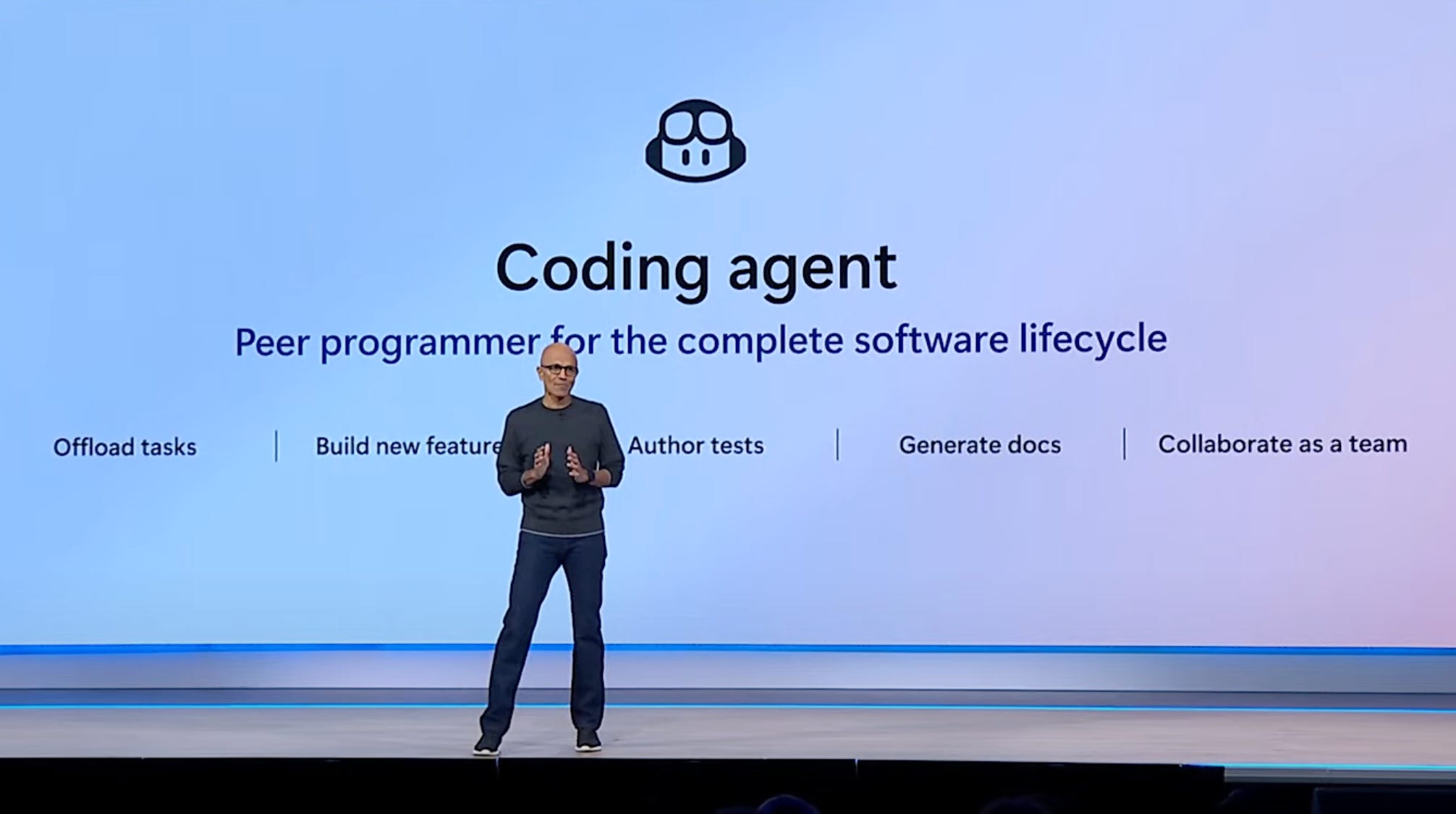 Microsoft CEO Satya Nadella talks about GitHub Copilot's new coding agent at Build 2025.