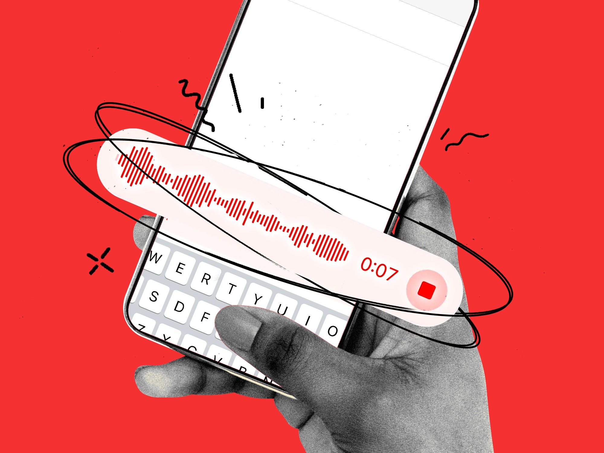Hand holding an iPhone with an enlarged audio recording in iMessage, surrounded by chaotic scribbles.