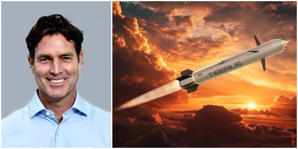 A side by side composite image showing a head-and0shoulders shot of Tiberius Aerospace CEO Chad Steelberg, left, and a promotional rendered image of the Sceptre 155mm round against a sunset sky.