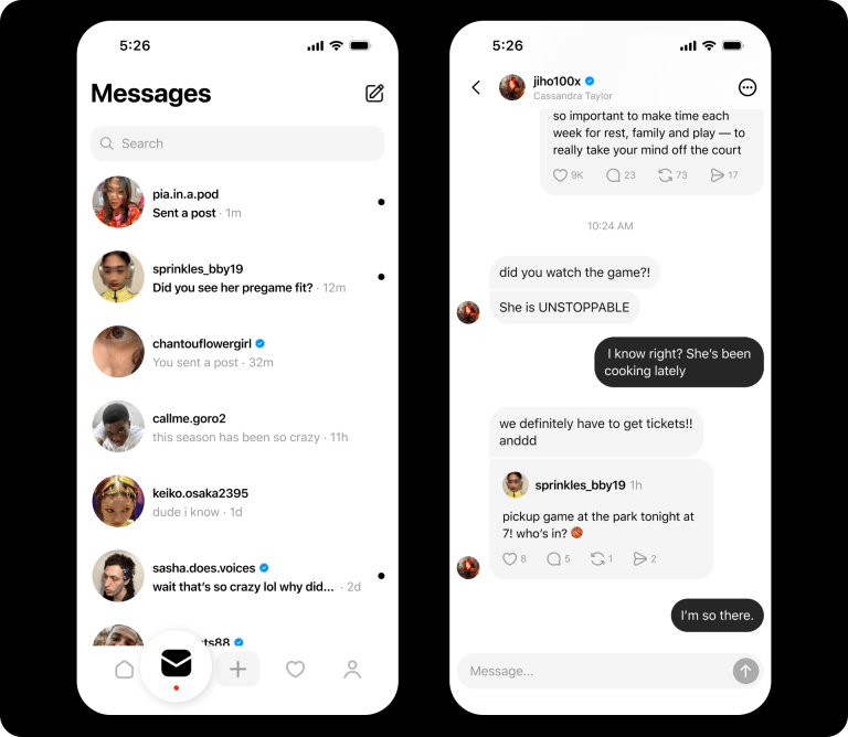 The new menu for DMs on Threads.