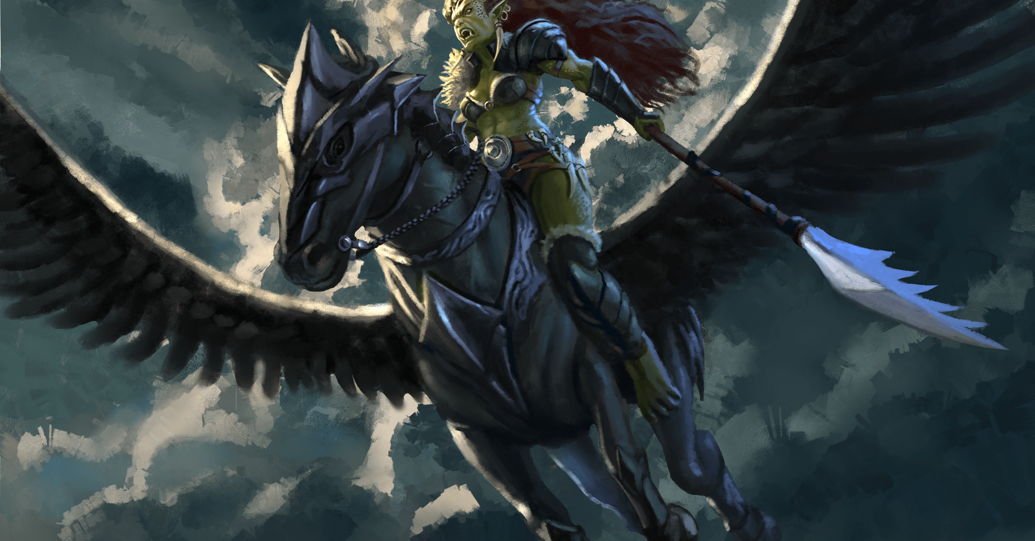 A gith holding a jagged halberd rides an armored black pegasus through cloudy skies in Pets & Sidekicks