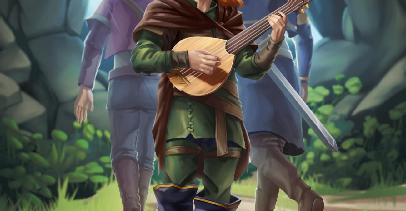 A bearded, long-haired bard strums on a lute and smiles, while behind him, an archer and a person with a sword walk into a cave in art from Pets & Sidekicks.