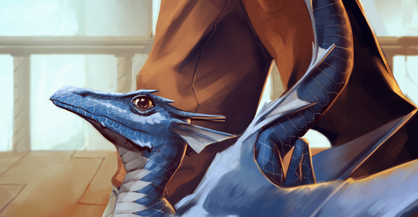 A small blue dragon walks next to a person in art from the D&D Pets & Sidekicks supplement