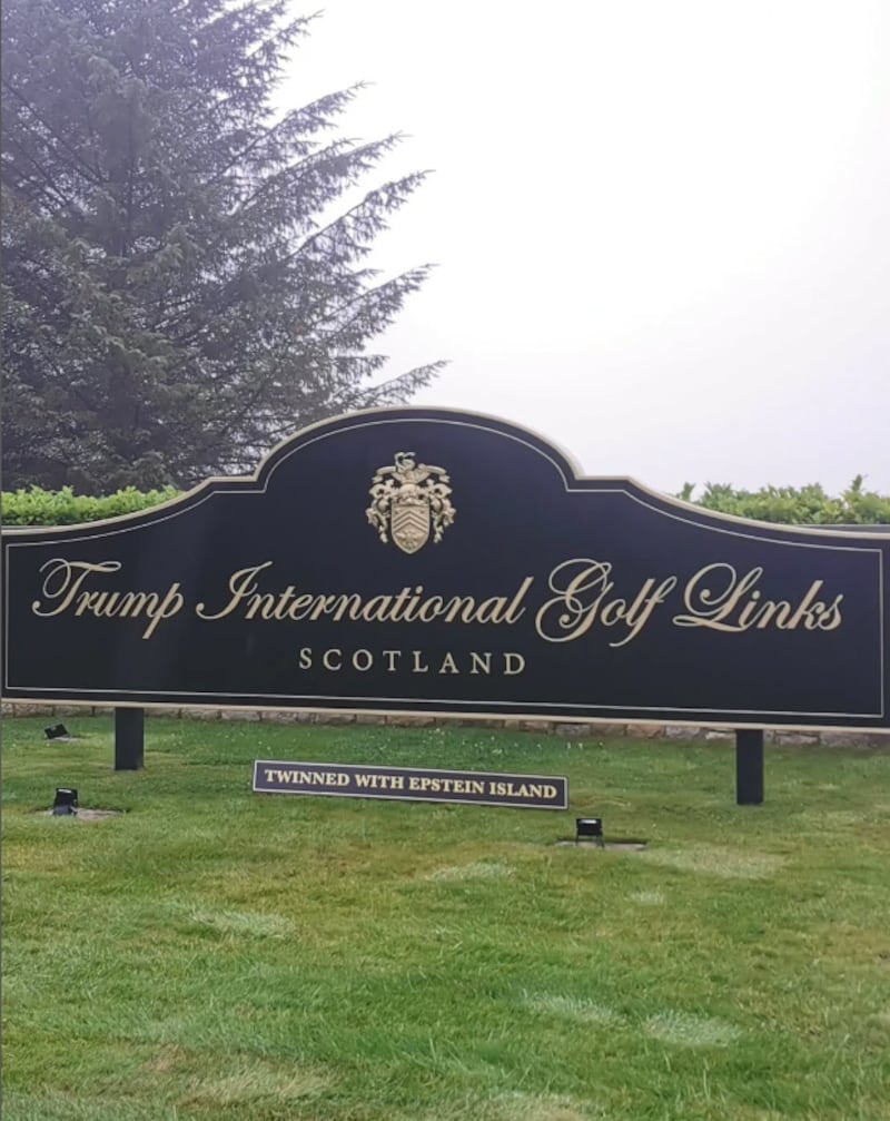 ABERDEEN, UK - JULY 21: (----EDITORIAL USE ONLY - MANDATORY CREDIT - 'EVERYONEHATESELON/ INSTAGRAM / HANDOUT' - NO MARKETING NO ADVERTISING CAMPAIGNS - DISTRIBUTED AS A SERVICE TO CLIENTS----) A sign reading 'Twinned with Epstein Island
