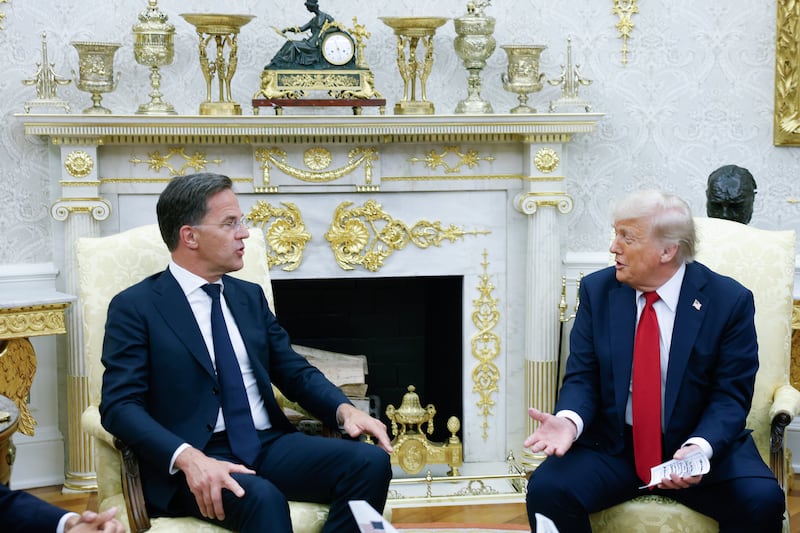 President Donald Trump meets with NATO Secretary General Mark Rutte in the Oval Office at the White House on July 14, 2025 where they announced a deal for the U.S. to sell NATO more weapons.