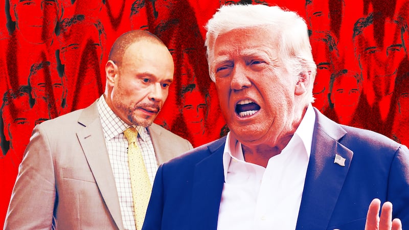 A photo illustration of Dan Bongino, Donald Trump, and faces of Jeffrey Epstein.