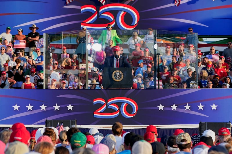 U.S. President Donald Trump speaks at an event hosted by America250 in Des Moines, Iowa, U.S., July 3, 2025. REUTERS/Nathan Howard