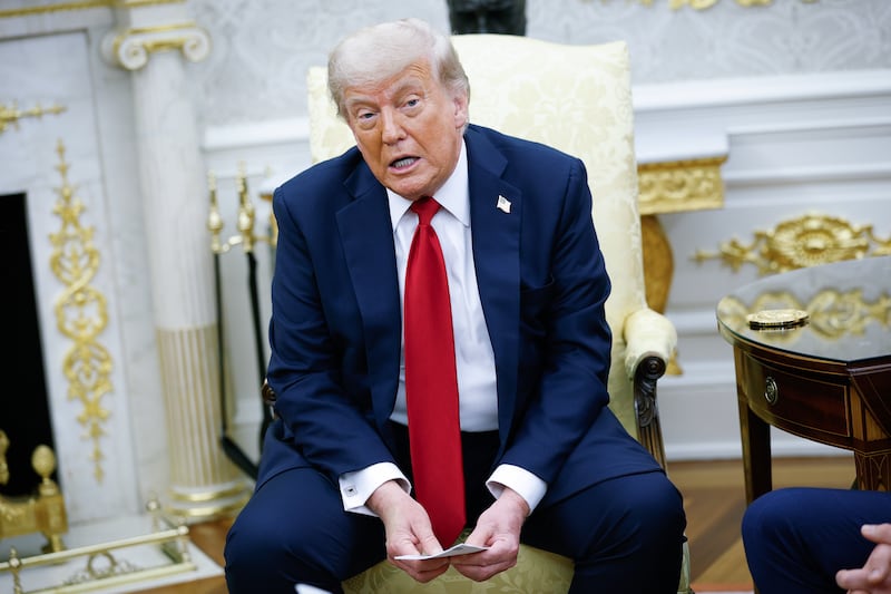 President Donald Trump delivers remarks while meeting with NATO Secretary General Mark Rutte in the Oval Office at the White House on July 14, 2025.