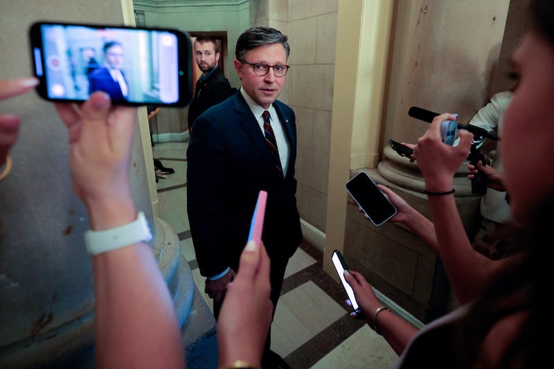 WASHINGTON, DC - JULY 01: Speaker of the House Mike Johnson (R-LA) speaks with reporters as he returns to his office after going to the House Rules Committee as it holds a hearing to consider the One, Big, Beautiful Bill Act at the U.S. Capitol on July 01, 2025 in Washington, DC. House Republicans began their work on the legislation less than two hours after the Senate passed its version. (Photo by Chip Somodevilla/Getty Images)
