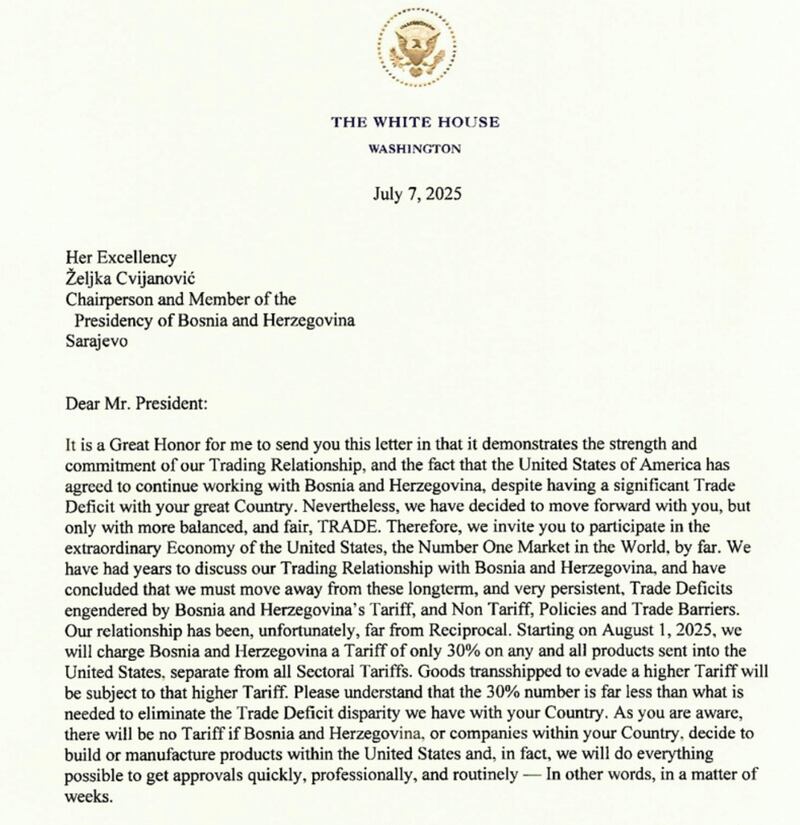 President Trump misgenders the president of Bosnia and Herzegovina in an official letter posted on his Truth Social account.