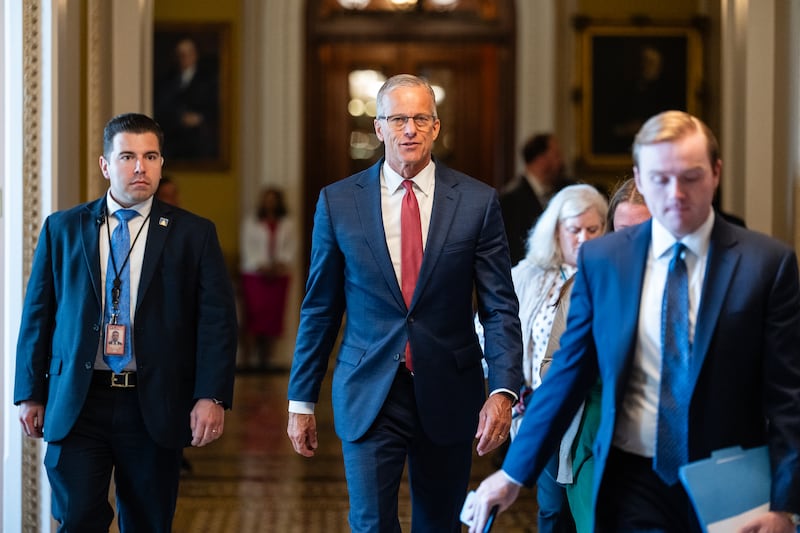 Senate Majority Leader John Thune pictured leaving the Senate floor to go back to his office on Wednesday, July 16, 2025 ahead of the Senate voting to claw back $9 billion including cutting foreign aid and funds for public broadcasting.