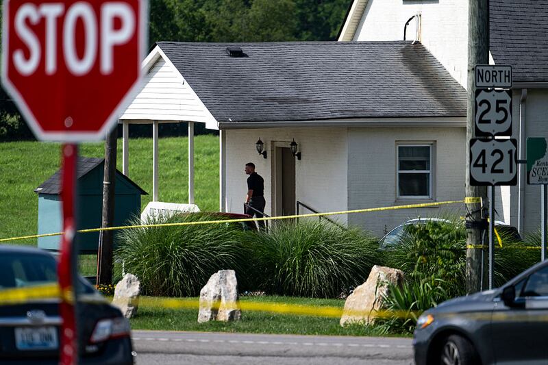 LEXINGTON, KENTUCKY - JULY 13: Police assess the scene after a shooting at Richmond Road Baptist Church on July 13, 2025 in Lexington, Kentucky. Two people were killed and two others injured at the church after the shooter shot and injured a state trooper at the Blue Grass Airport before fleeing and eventually stopping at the Richmond Road Baptist Church. (Photo by Michael Swensen/Getty Images)