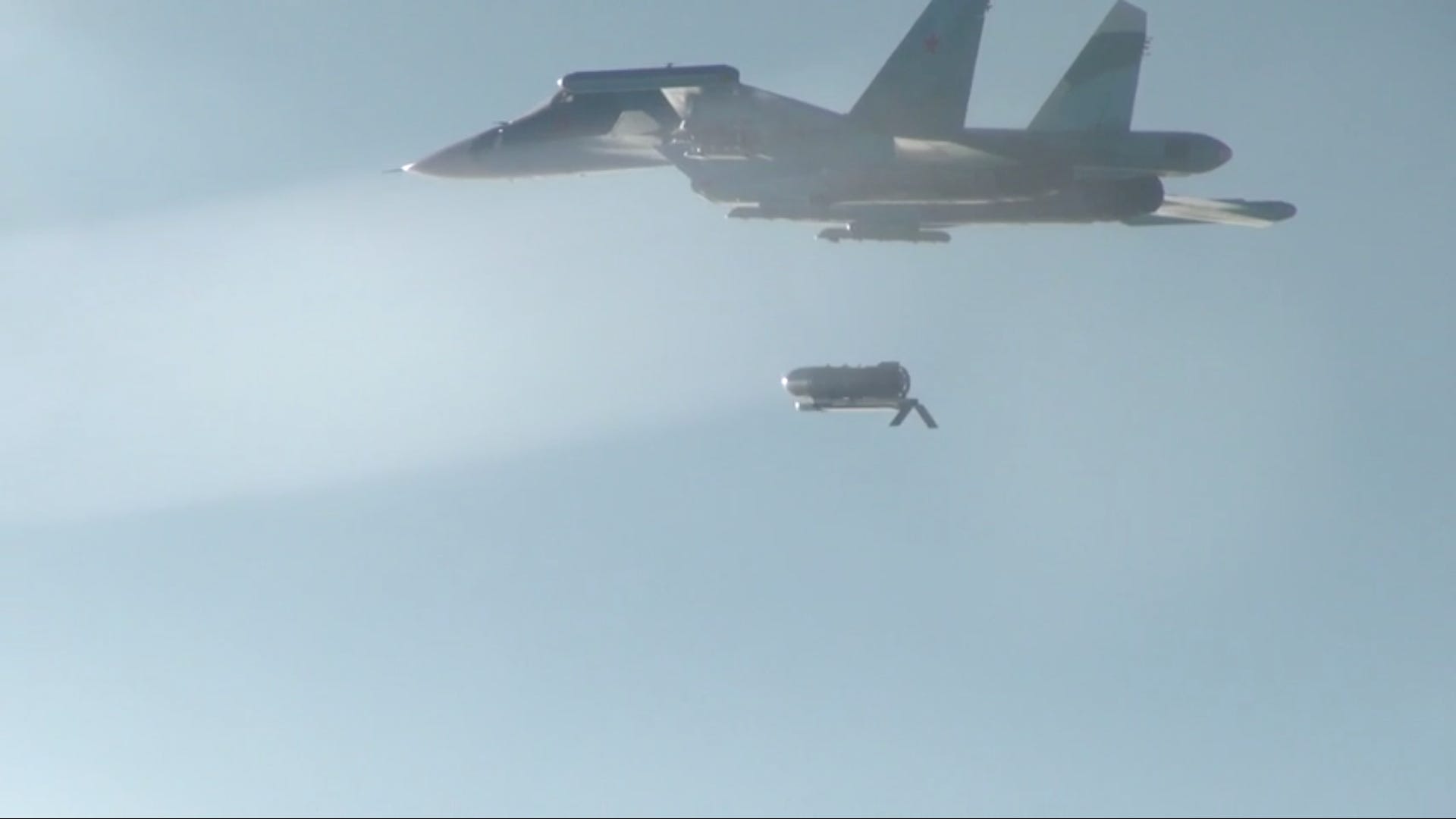 A screen grab captured from a video shows a Su-34 jet of Russian Army launches a FAB 3000 high-explosive bomb to hit temporary deployment point of Ukrainian army on July 14, 2024.